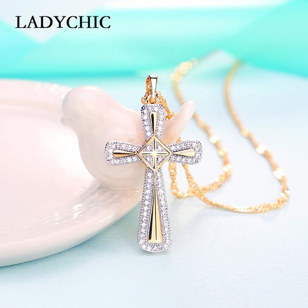 

ladychic classical cross necklace crucifix pendant for women wedding fashion shiny crystal zircon gold cross jewelry gift ln1070, Silver