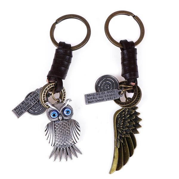 

alloy leather vintage keychain pendant angel wing owl key chains ring gift