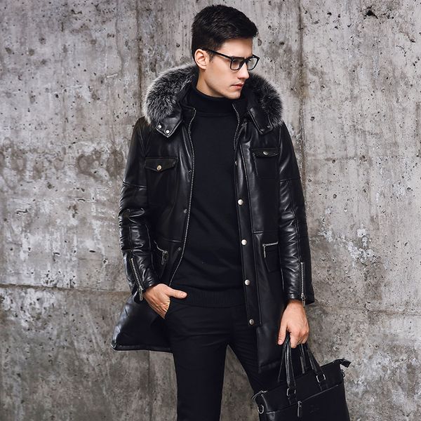 

зима новый zipper карманы мужские slim fit длинные пальто мужской капюшоном овчина натуральная кожа теплый overcoats меховой воротник большо, Black