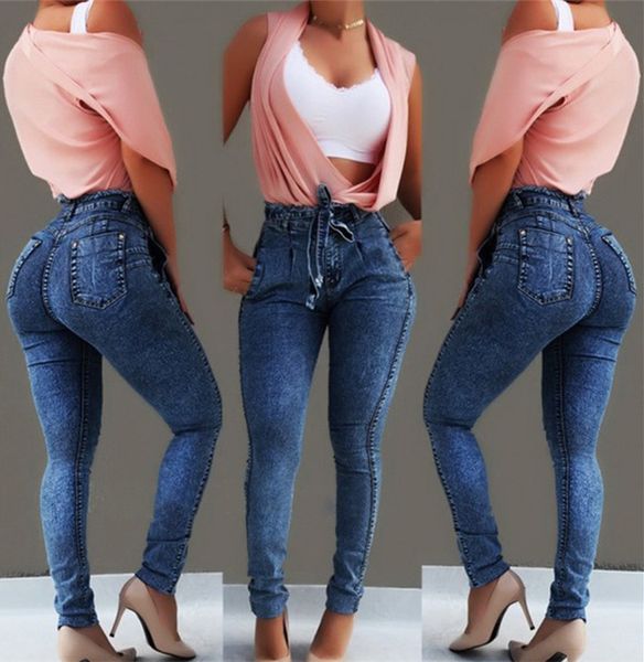 

women designer jeans high waist fashion denim pencil pants with belt female casual tassels long jeans, Blue