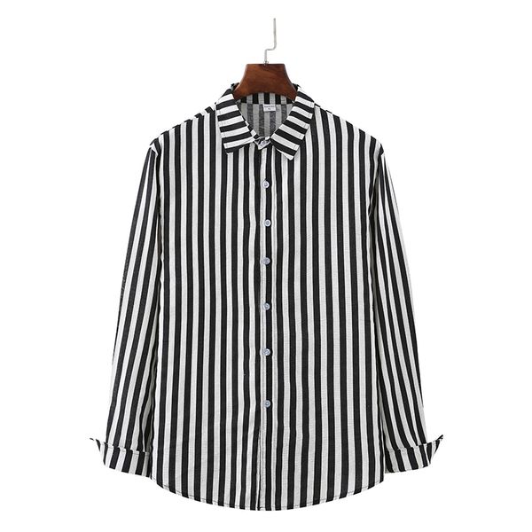 

men's casual summer lapel shirt striped beach holiday single-breasted men breathable long sleeve button, White;black