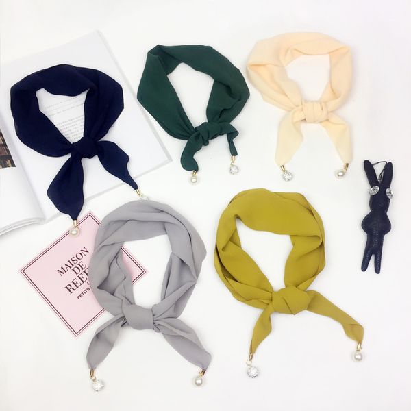 

new autumn winter solid color pearl scarf for women bufanda small chiffon fashion head scarves neckerchief female schal
