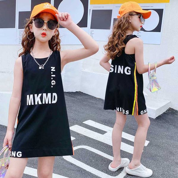 

cool girls clothes summer long t-shirt side split ribbon t-shirt sleeveless sweatshirts vests hip hop fashion girls wear tees 9t, Blue