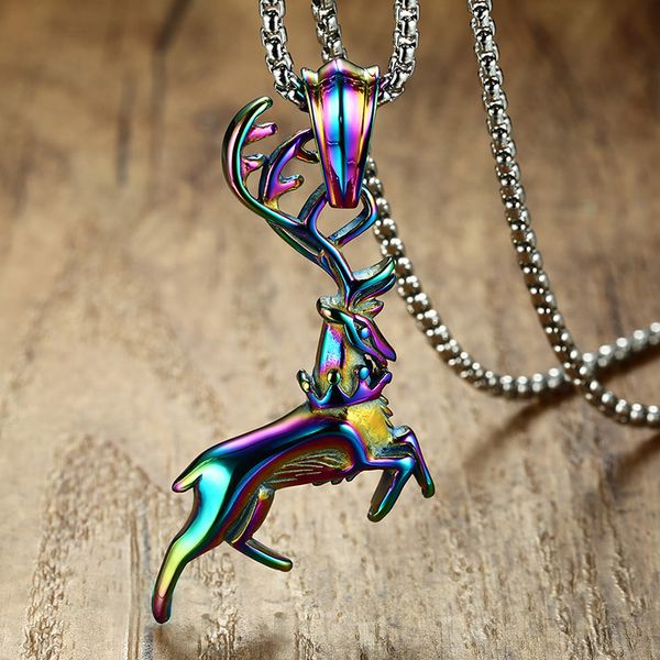 

chic stainless steel elk pendant necklace for men multi-color plated elk long chain necklace christmas jewelry gift, Silver