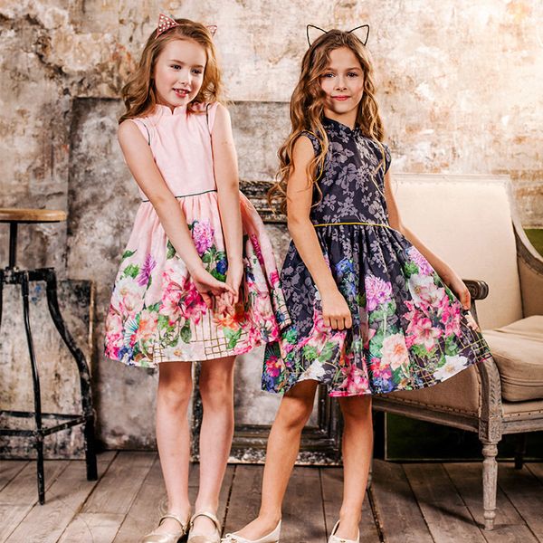

2019 summer girls dress flower print chinese style dress kids princess dresses for girls children party dress 4-14 years t200107, Red;yellow