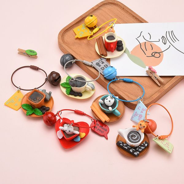 

cartoon vinyl coffee cat wire buckle pendant creative car bag pendant couple key chain ring small gift, Silver