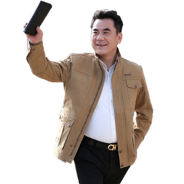 

mature men leisure coats stand collar multi pockets design cotton jackets male spring autumn casual outerwear man garment khaki, Black;brown