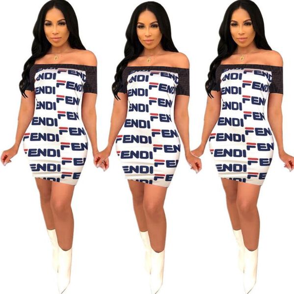 

letter printed off shoulder dress women summer slash neck short sleeve bodycon party club dresses ljjo6578, White;black