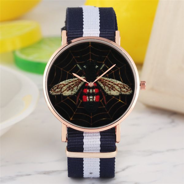 

novel nylon band with pin buckle watch ladies black bee pattern watches women fashion rose golden case quartz wristwatch gift, Slivery;brown