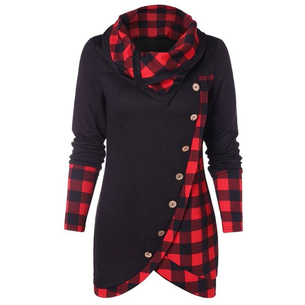 

hoodies women long sleeve irregular hem plaid button turtleneck tartan tunic sweatshirt pullover 2019 female #b, Black