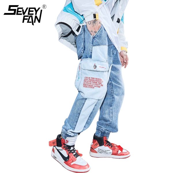 

mens jeans multi pocket patchwork cargo pants oversized harem pants streetwear hip hop denim trousers male casual jeans, Blue
