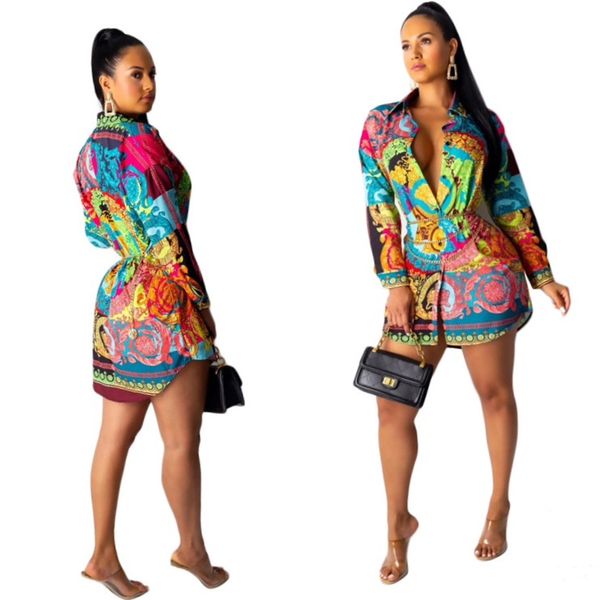 

colorful print womens casual dresses fashion single breasted long sleeve womens designer shirt dresses females clothing, Black;gray