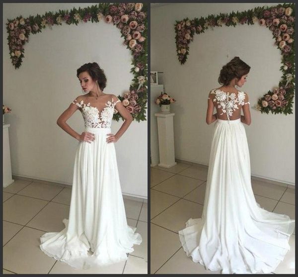 

2019 new summer bohemian chiffon wedding dresses sheer crew neck lace appliques high spplit hollow back boho beach long bridal gowns, White