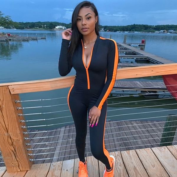 

new arrival jumpsuits fashion women's fluorescent zipper stitching yoga sports jumpsuit casual women streetwear rompers, Black;white