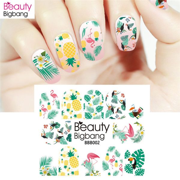 

beautybigbang 2sheet nail water decals designs tropical flamingo pineapple leaf decoration for nail art sticker water tips, Black