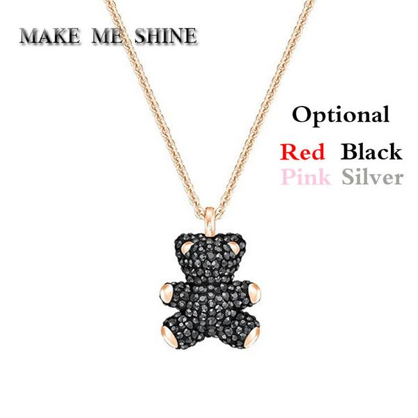 

swa 3d stereo teddy bear necklace crystal pendant jewelry clavicle chain cute gifts red black white birthday gift, Silver