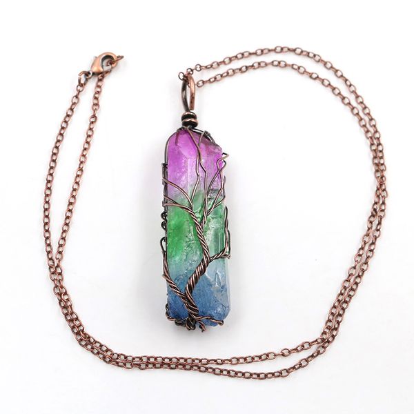 

10 pcs wire wrap irregular shape colorful crystal dyed necklace tree of life pendant copper plated jewelry, Silver