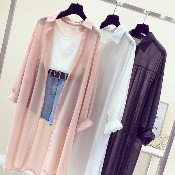 

summer new sunscreen clothes female medium long korean version loose ultra-thin anti-ultraviolet chiffon cardigan chiffon, White