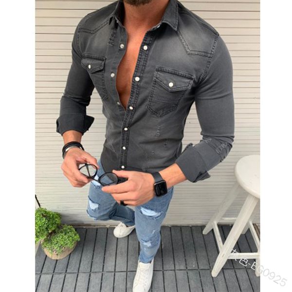 

heflashor mens fashion casual turn down collar long sleeve denim pocket slim fit shirts autumn jeans soild color jacket top, White;black
