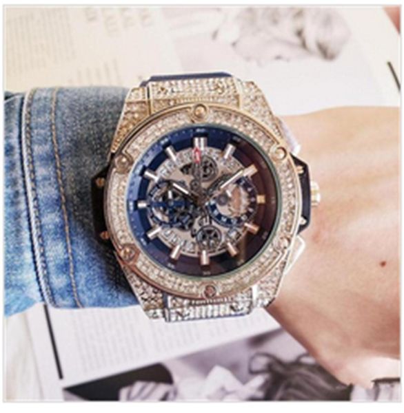 

3aaa men's fashion large dial quartz watches luxury men's fully functional quartz rhinestone diamond inlay clock dial quartz watch, Slivery;brown