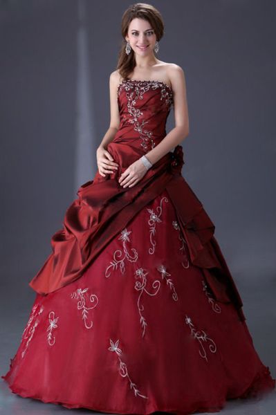 Vintage tafetá escuro vestidos de noiva vermelhos bordados bordados mulheres Borgonha non branco vestidos de nupcial com cor costura feita sob encomenda