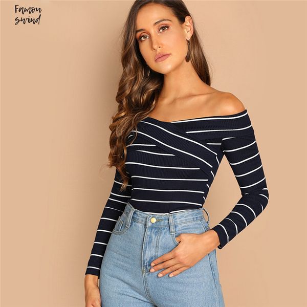 

из highstreet tshirt elegant cross wrap полосатого off плеча going полосатых пуловеров tee осень женщина повседневных женщины лучшей, White