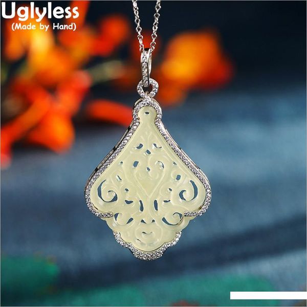 

uglyless 925 sterling silver rhombus pendants for women natural gemstones jade necklace hollow ethnic patterns vintage jewelry