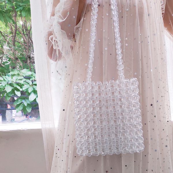 

acrylic beaded handmade lady purse handbags beading pearl women portable mini tote beach bag transparent shoulder crossbody bags