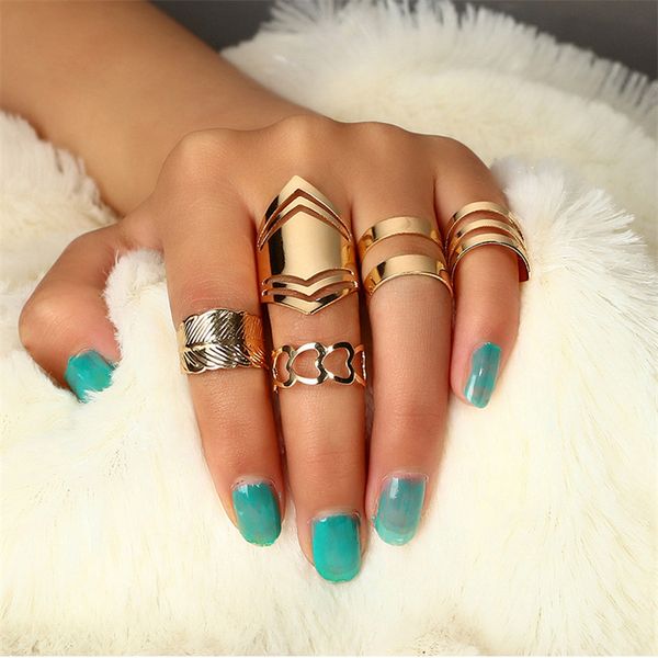 

gothic 5pcs/set trendy punk joint circle mid-finger rings set for women rings for women adjustable gold hollow party ring, Golden;silver