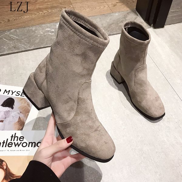 

women autumn winter flock ankle boot slip-on round toe square heel solid casual black/camel booties size 35-41 zapatos de mujer