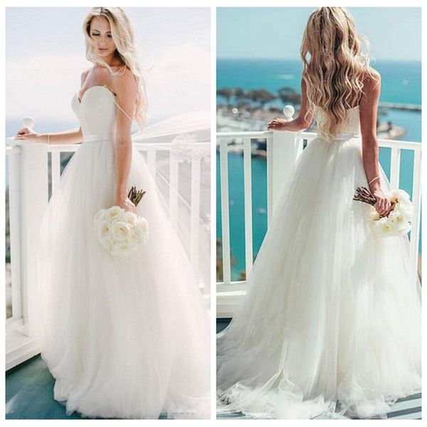 

spaghetti straps a-line tulle wedding dresses under 100 bodice with sweep train modest wedding gowns vestidos de novia, White