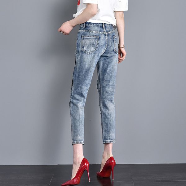 

европа станция 2020 весна новые свободные джинсы женская корейская версия вышивки мультфильм прямой тонкий отверстие брюки, Blue