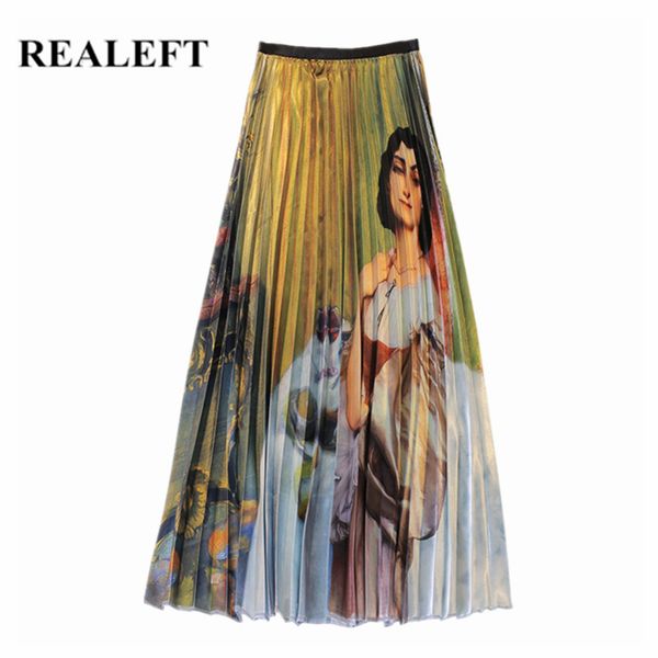 

realeft 2019 spring summer vintage cartoon printed long skirts new arrival high waist tulle pleated maxi skirts for womens, Black;gray