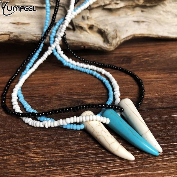 

yumfeel bohemia style small acrylic beaded necklaces for women boho stone horn pendant necklace new jewelry, Silver