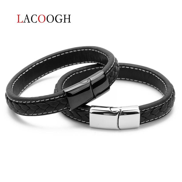 

trendy 12*6mm 19/21cm genuine leather bracelet men stainlees steel magnetic clasps braid bracelets & bangles male jewelry gifts, Golden;silver