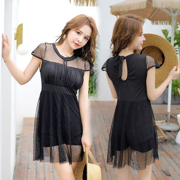 

2019 spring season dress dress one-piece swimsuit women's lace mesh pure color one-piece skirt swimsuit, White;black