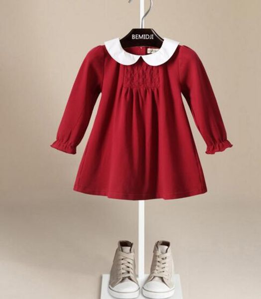 

girl kids clothing dress Long Sleeve Pet Pan Collar 100% Cotton Wine Red girl Spring Lolita Princess Dress