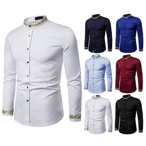 

mens shirts men's fashion embroidered shirt business casual pattern embroidery stand collar slim men shirt long sleeve, White;black