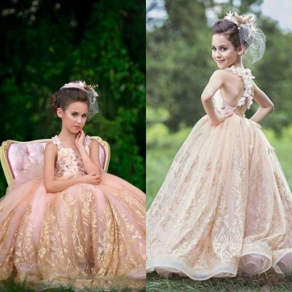 

lovely 2019 gold sequins flower girl dresses jewel neck 3d floral appliques puffy tulle ball gown girls pageant dresses first communion