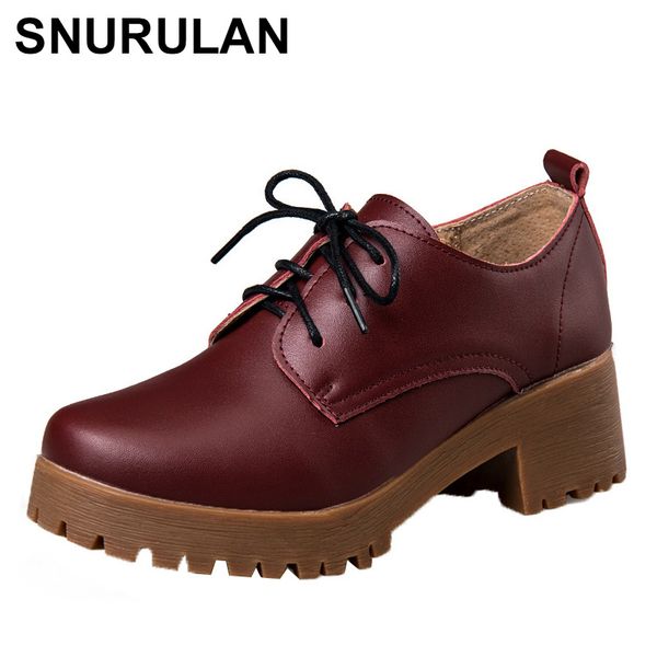 

snurulan spring \ winter british style leather shoes women flat platform shoes square heel women lace-up oxford for, Black