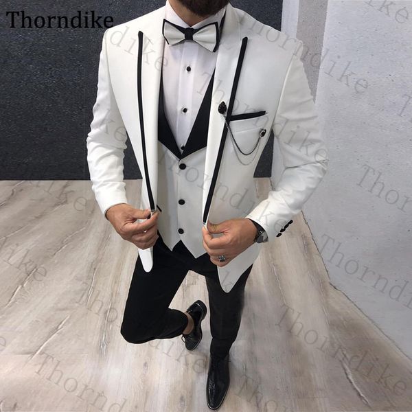 

thorndike men suits 3 pieces slim fit casual business groomsmen peaked lapel tuxedos for formal custom made white party suit, White;black
