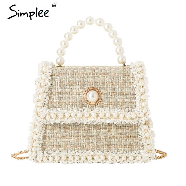

elegant plaid women hand bag bead floral cotton linen shoulder bag solid pearl chain strap autumn holiday chic tote