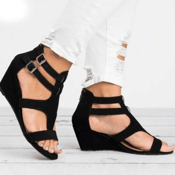 

plus size 34-43 women's sandals fashionable wedge heel zip summer women's casual open toe black leather sendalle femme