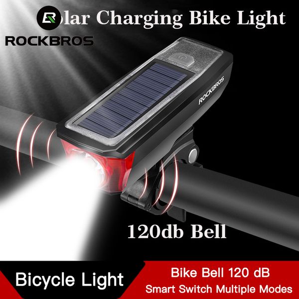 

rockbros usb chargieable light solar ipx4 waterproof bicycle headlights 2000 mah bike bell 120 db smart switch multiple modes