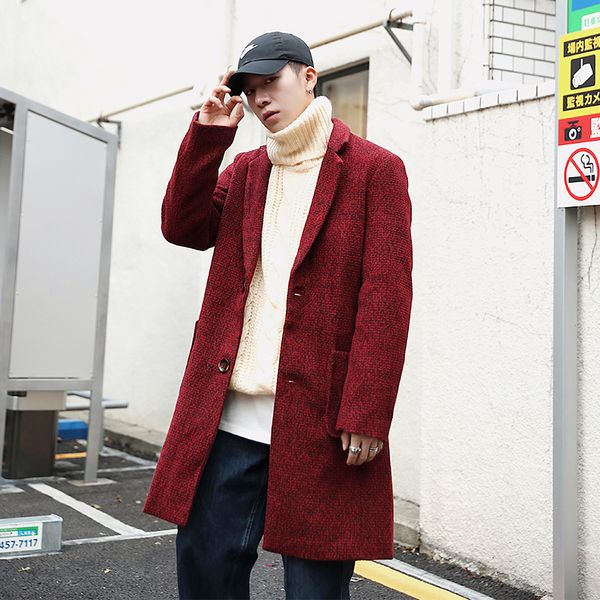 

winter men's woolen blends overcoat cashmere long windbreaker loose wool trench coats red/brown parkas cotton-padded clothes, Black