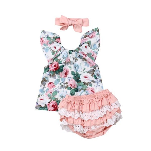 

toddler kids baby girl 0-3y clothes sets ruffles short sleeve floral pp shorts headband outfits clothes set, White