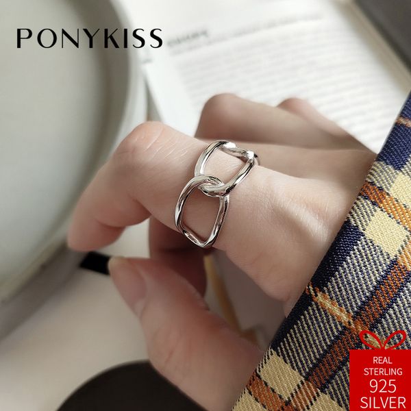 

ponykiss trendy 100% 925 sterling silver simple geometric chain adjustable opening ring for women delicate jewelry fashion gift, Golden;silver
