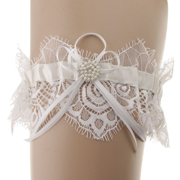 

wedding bridal lace garter pearls rhinestone satin bow garter gift favors, White
