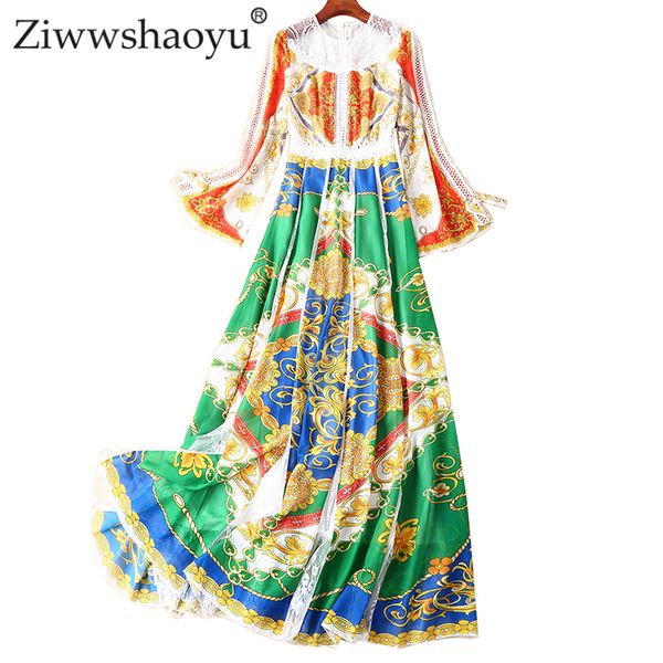 

ziwwshaoyu elegant lace patchwork maxi dresses o-neck print party big pendulum long dress 2019 spring and summer new women, Black;gray