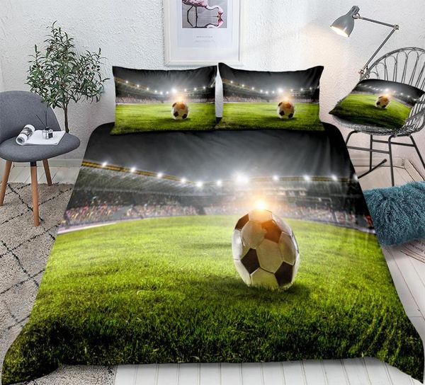 

3d football bedding soccer on green field bed set sports ball quilt cover  home textiles white black 3pcs teens dropship